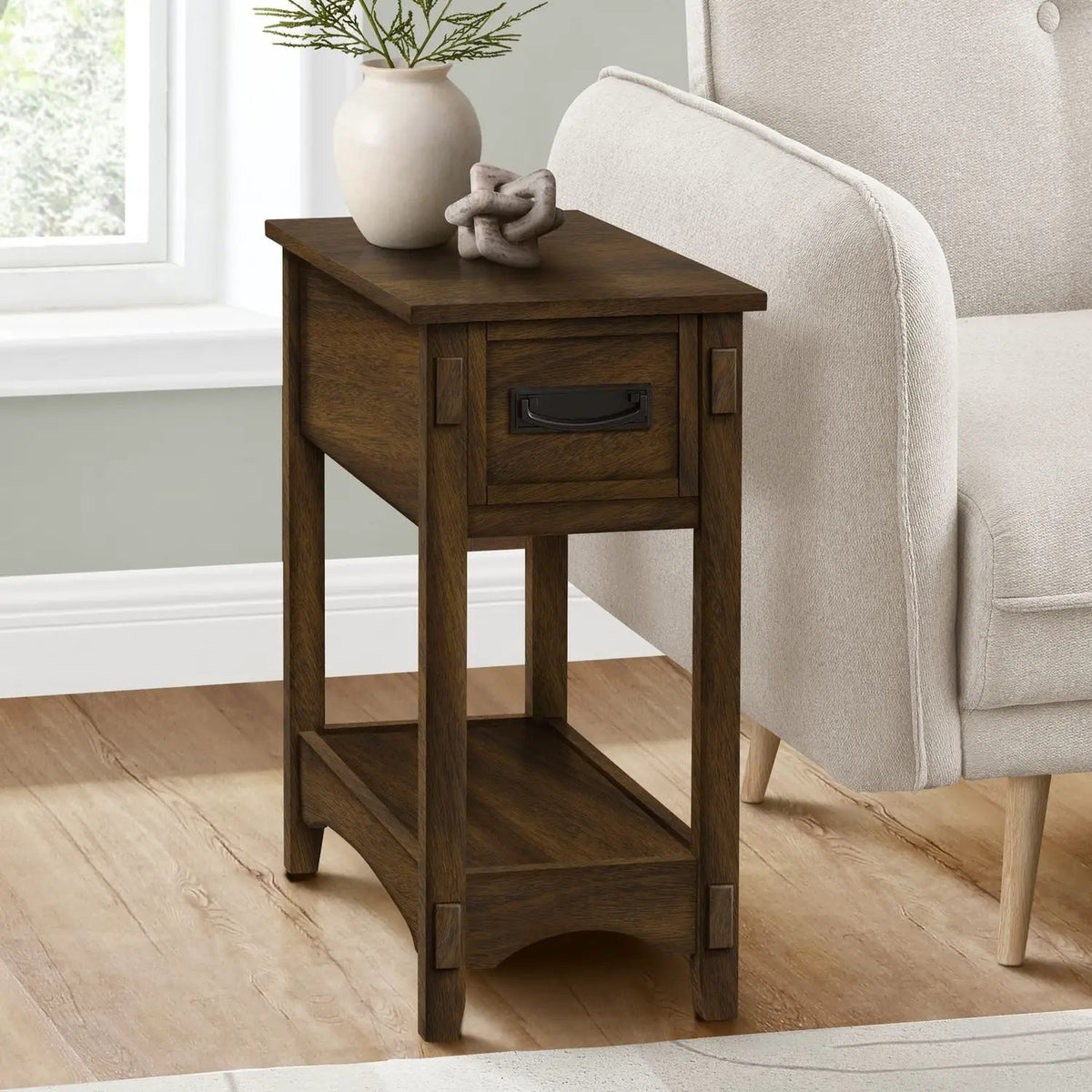 Accent End Table | 2 Tier Narrow | Storage Drawer | Walnut Finish