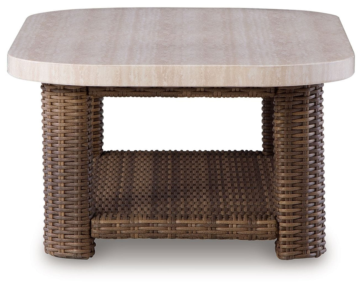 Dolan Creek Rectangular Cocktail Table | 50 x 30 x 17.75 in | Wicker & Stainless Steel | Beige / Brown