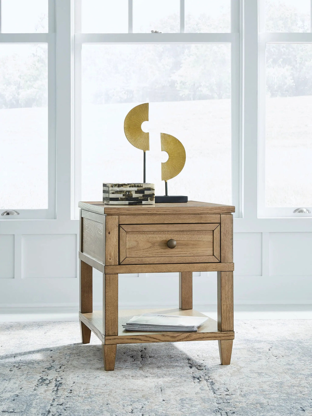 Sharlance Rectangular End Table | Light Brown | 98 Inch Cord Length | Drawer And Bottom Opening