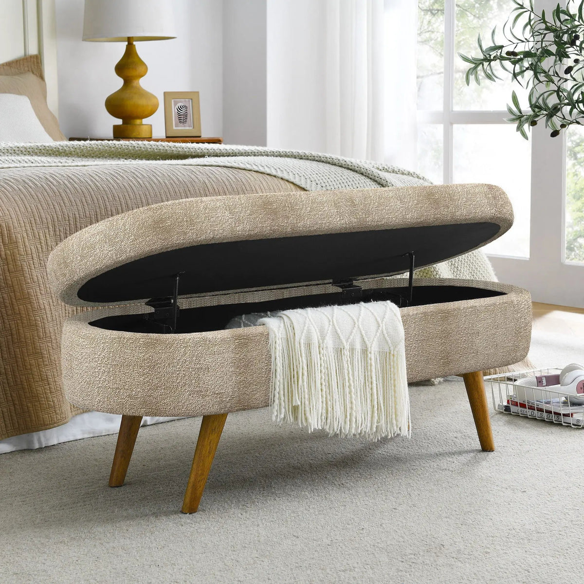 Oval Storage Ottoman Bench | Rubber Wood Legs | Pleated Dark Fabric | Footstool Or Extra Seating