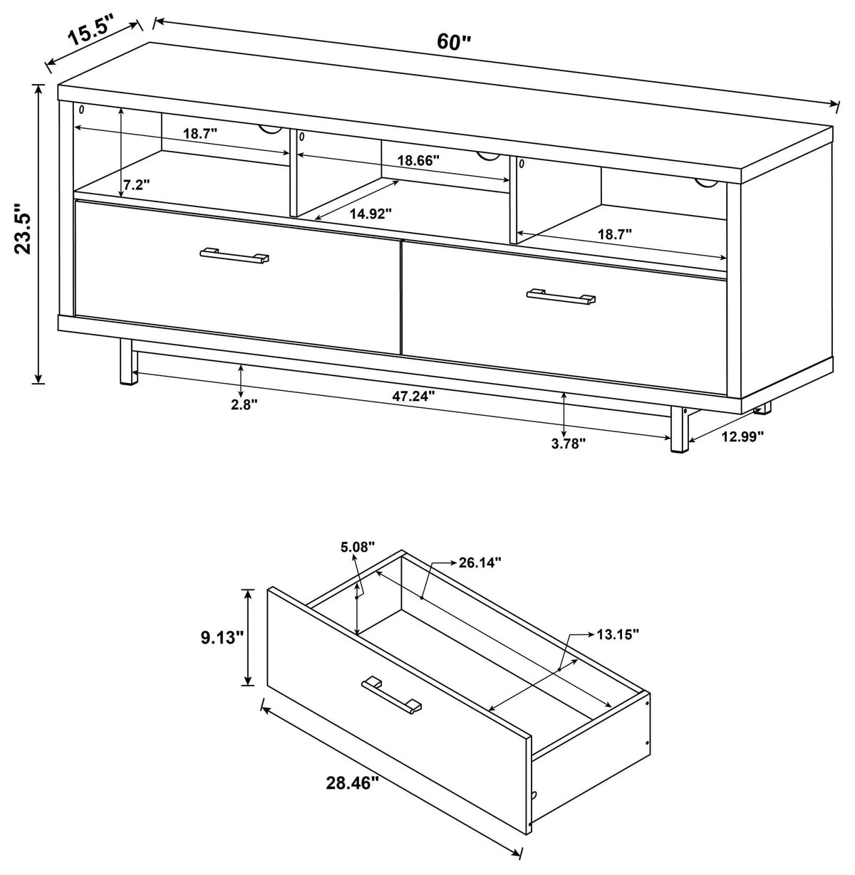 Casey 2-drawer Engineered Wood 60-inch TV Stand | 60 x 15.5 x 23.5 in | Engineered Wood | Cappuccino