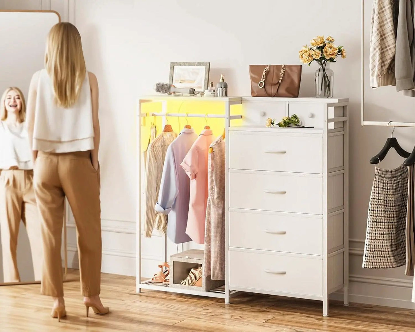43Inch White Dresser With Hanging Rack AmbientLEDLighting from PriceLows™