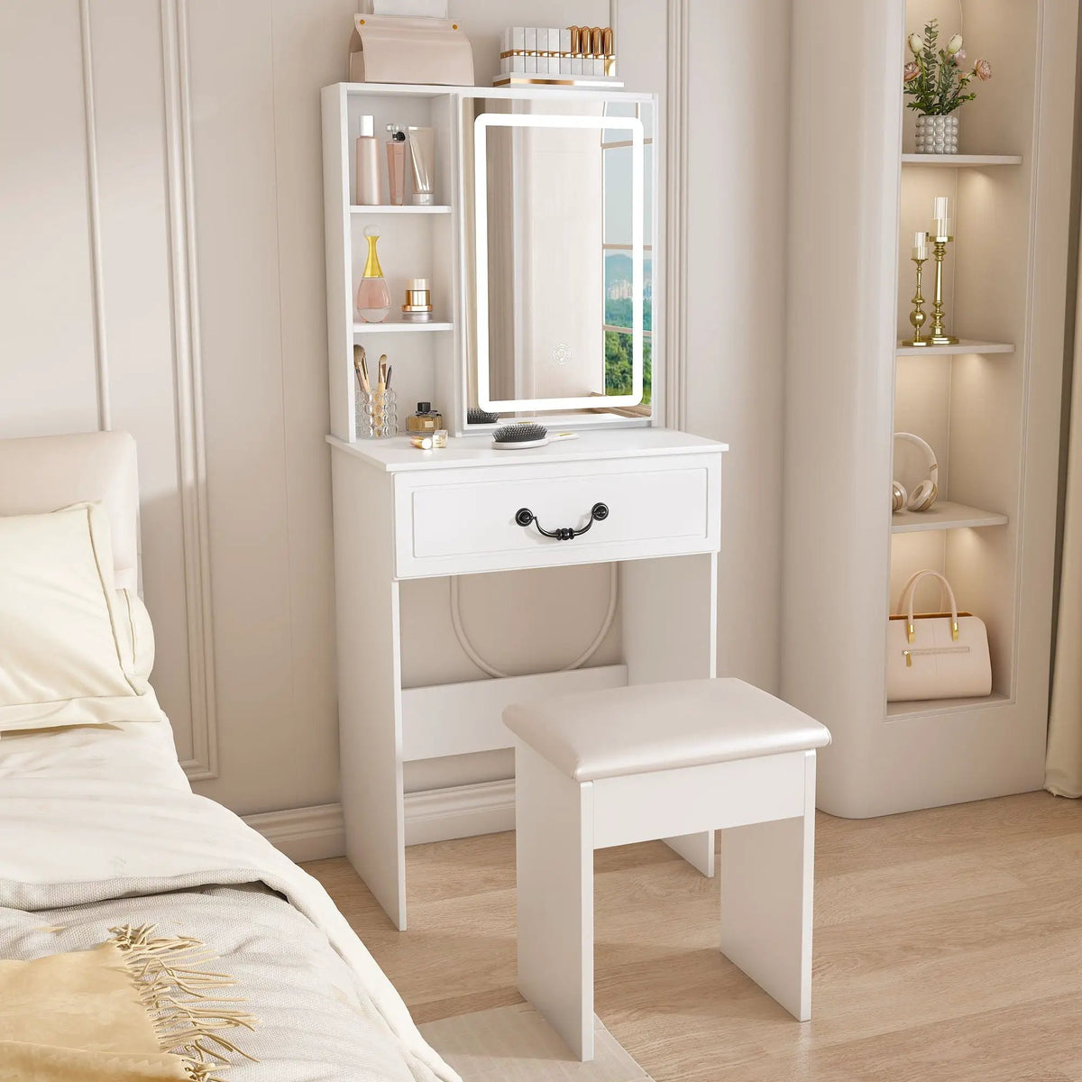 Dressing Table | Led Mirror Light | Adjustable Brightness | White Compact