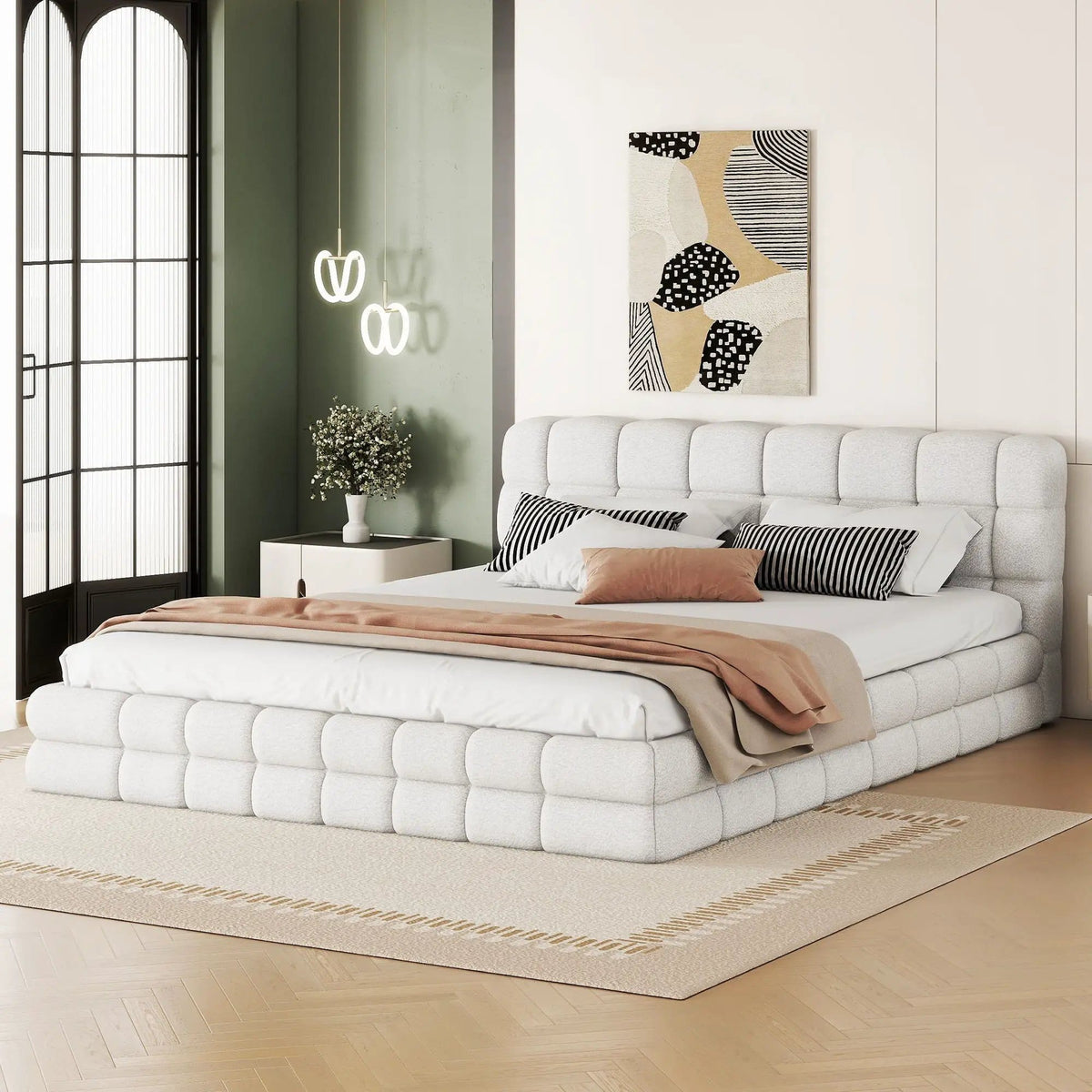 Upholstered Platform Bed With Headboard | 3 Pieces | Pine Wood & Metal | Bedroom