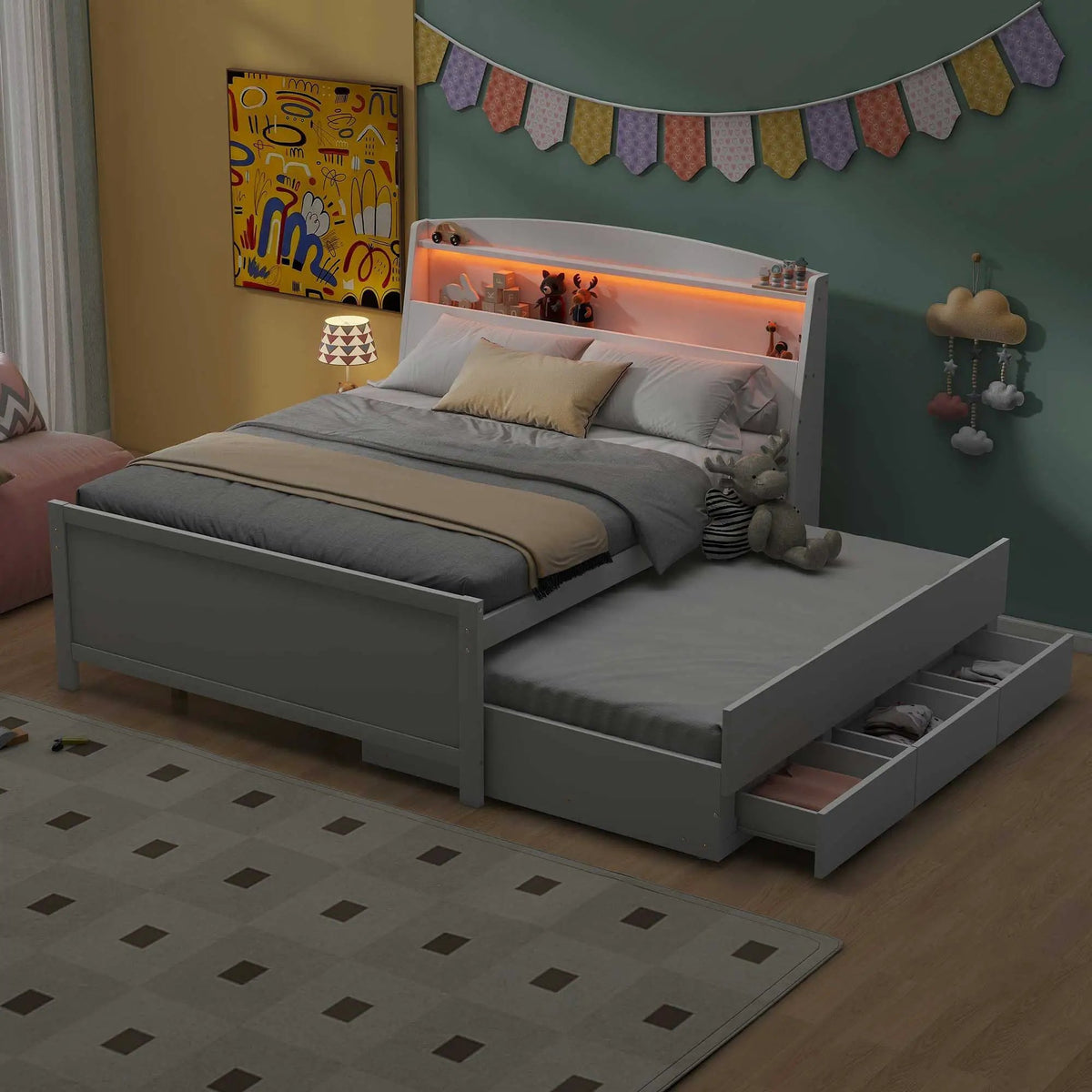 Full Size Platform Bed | LED Headboard Storage | Twin Trundle | 3 Drawers White