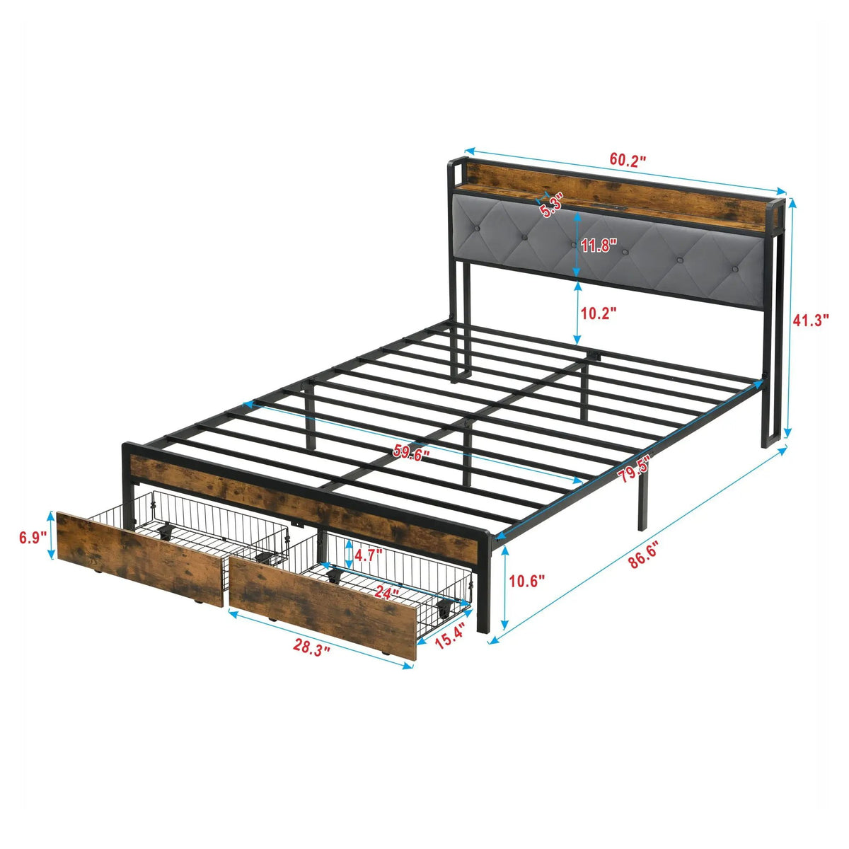 Modern Storage Bed Frame | LED Lights With Remote | Upholstered Headboard | USB Charging Station
