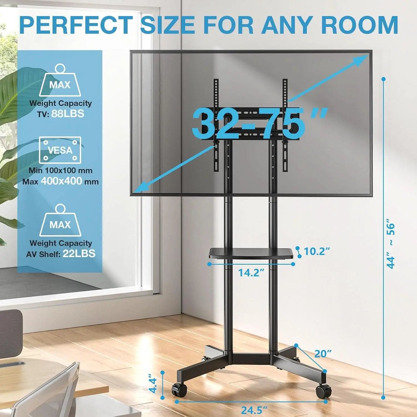Rolling TV Stand 32-75 Inch With Height Adjustable Shelf from PriceLows™