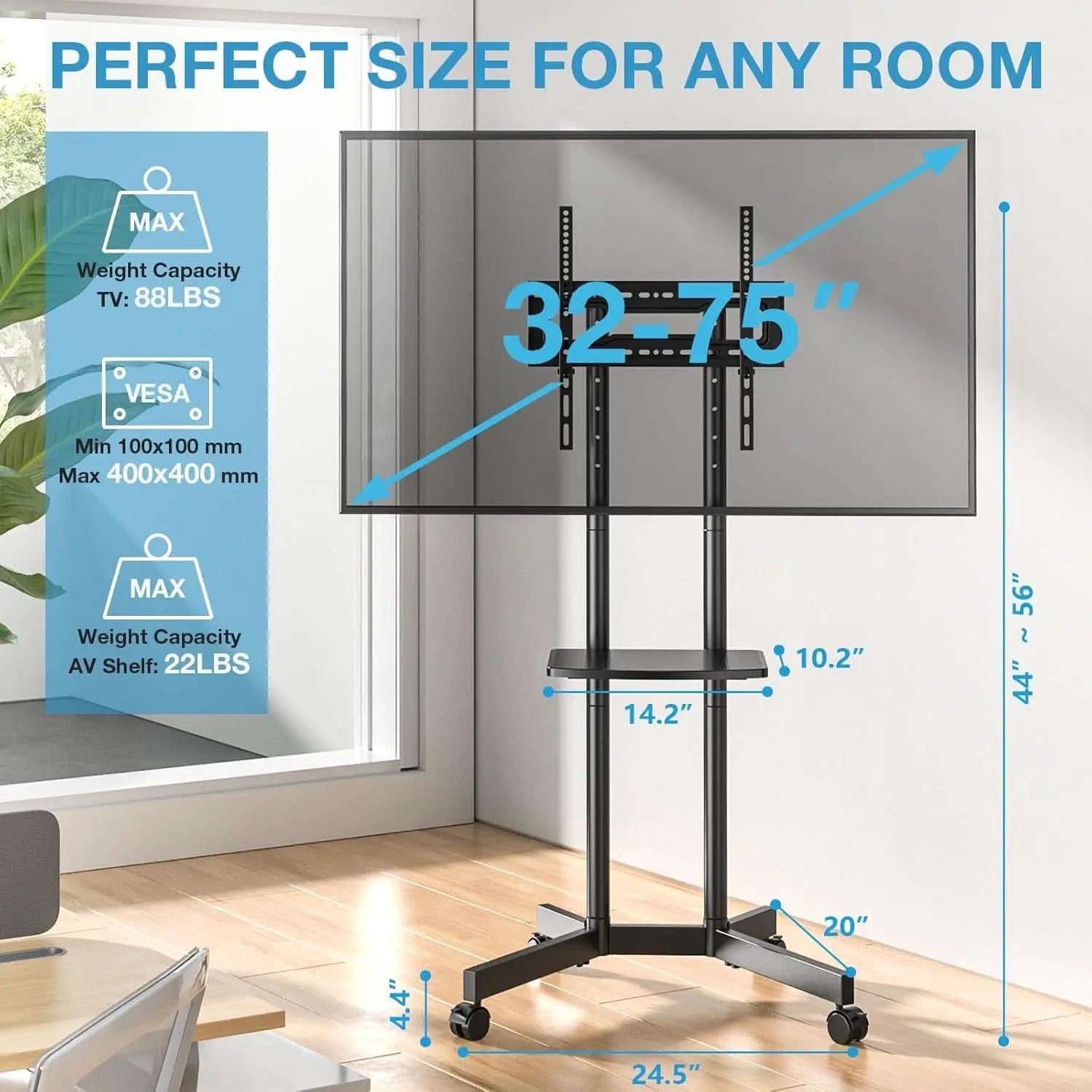 Rolling TV Stand 32-75 Inch With Height Adjustable Shelf from PriceLows™
