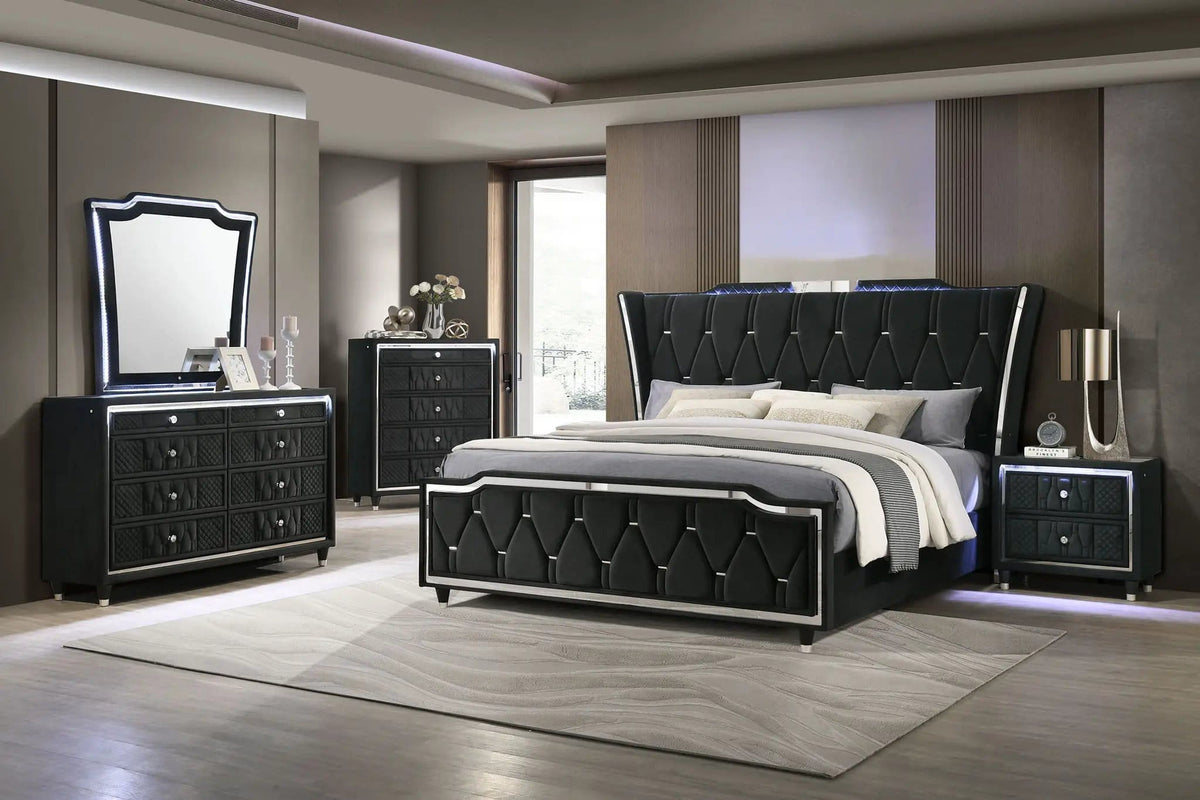 Lorient 5-piece Queen Bedroom Set | 5-Piece Set | Velvet & Tempered Glass | Black