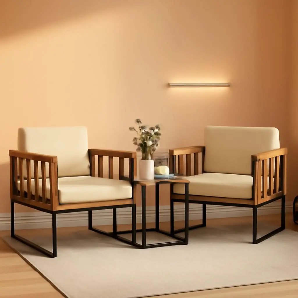 Three Piece Acacia Wood Patio Chair Set With Cushioned Seats For Balcony Porch And Backyard Beige from PriceLows™