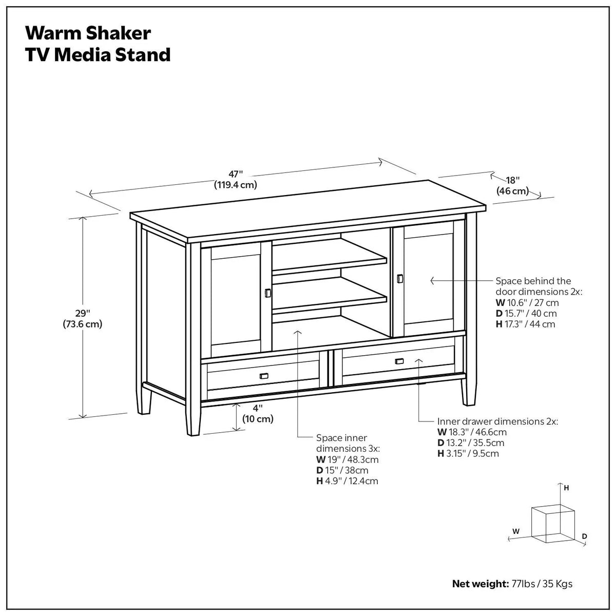 Warm Shaker TV Media Stand | Handcrafted Solid Wood | Two Bottom Drawers | 47 Inch Length