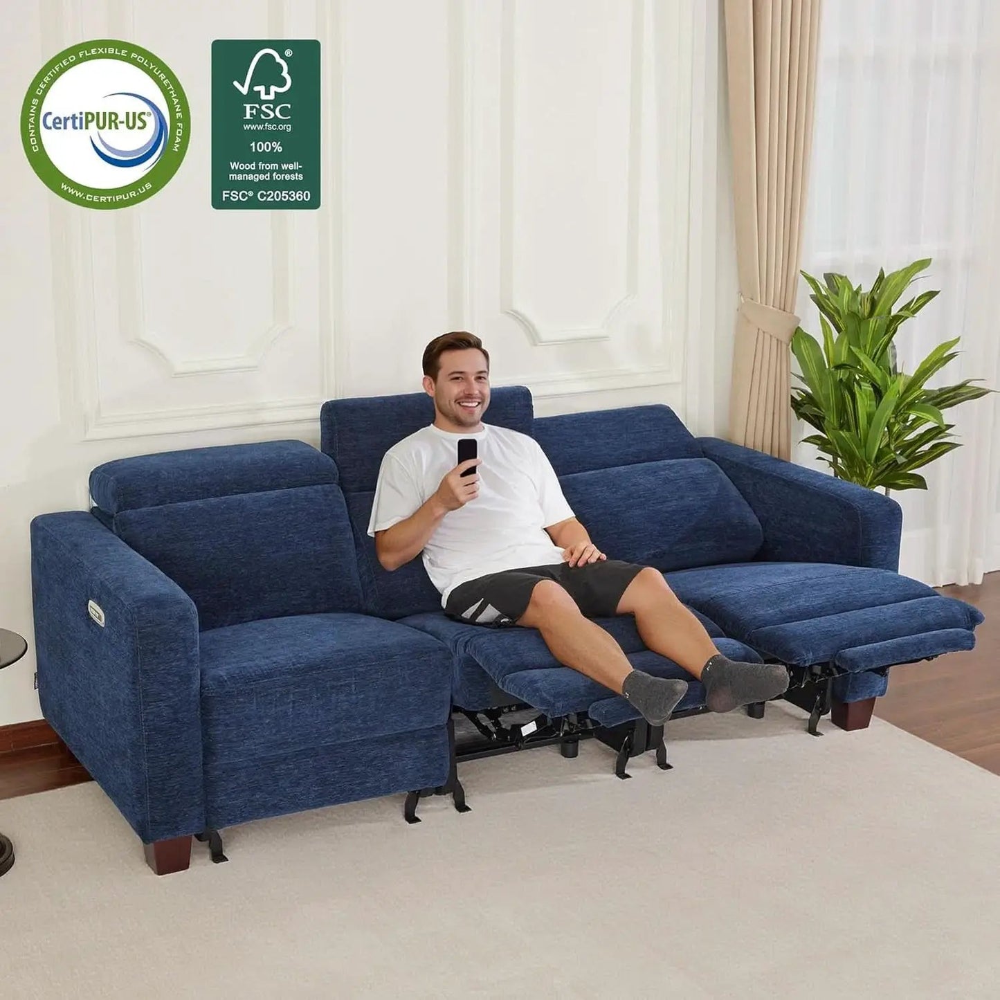 Navy Blue Zero Wall Hugger Power Reclining Sofa USB Ports from PriceLows™