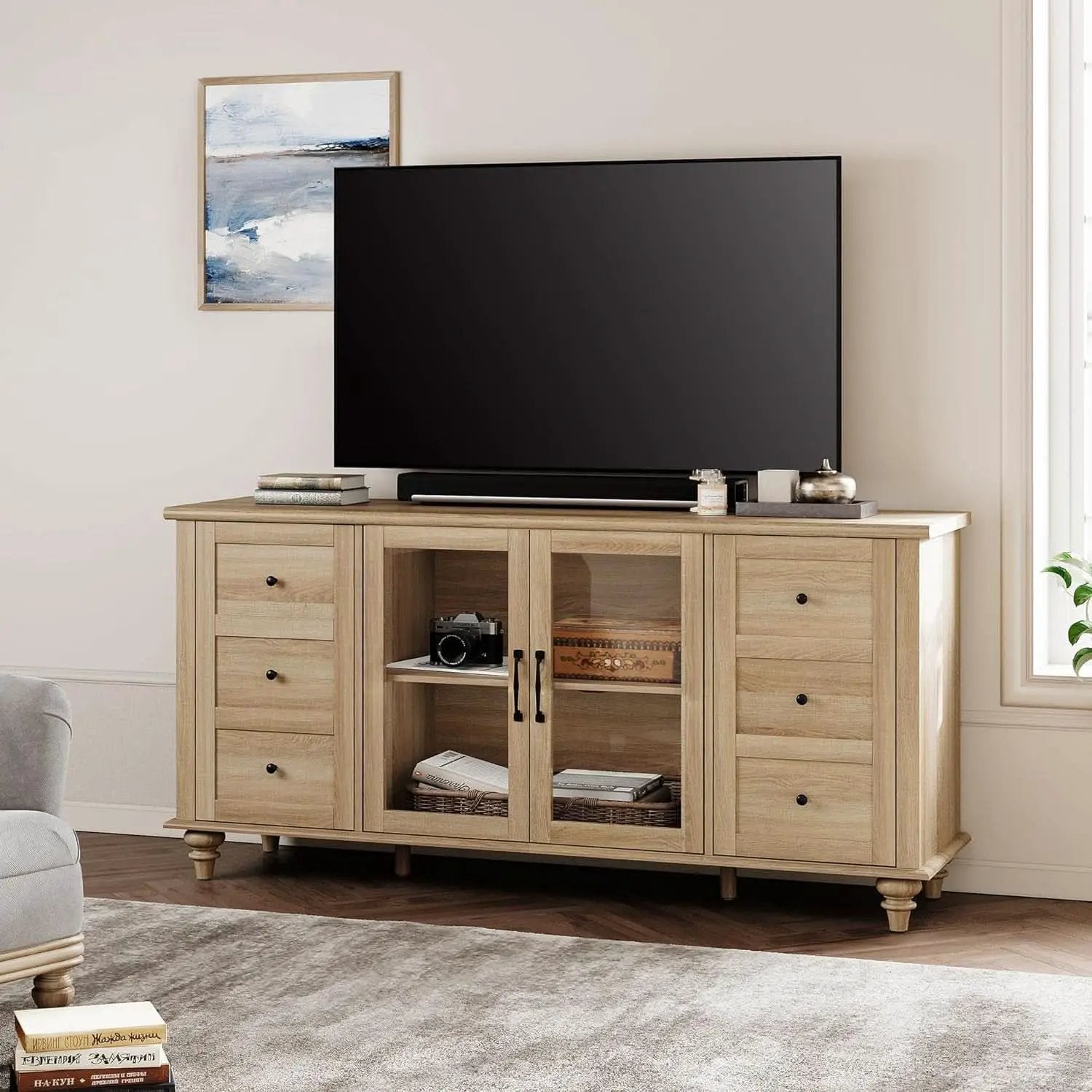 Oak Glass Door Farmhouse TV Stand For 75 Inch TVs Console from PriceLows™