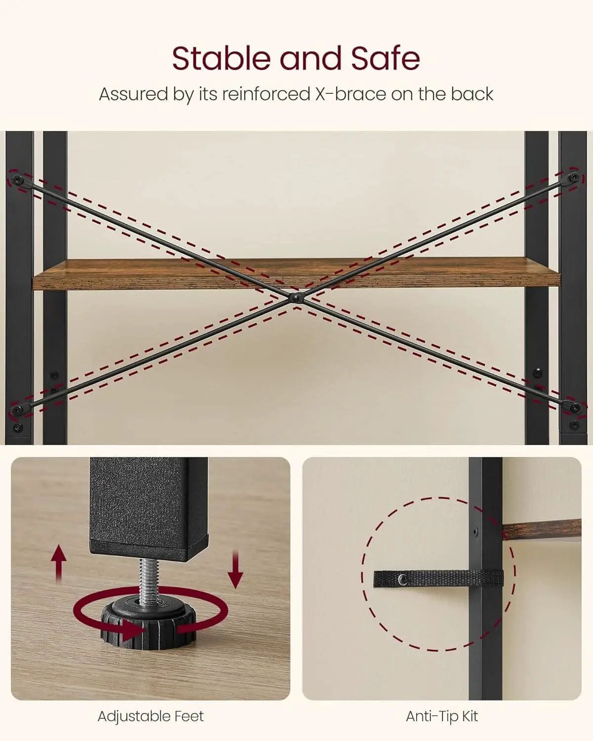 Four Tier Bookshelf Rustic Brown Steel Frame 47 Inches High from PriceLows™