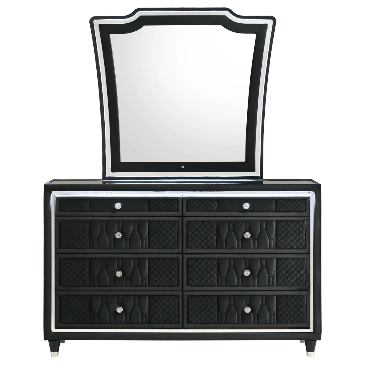 Lorient 8-drawer LED Dresser with Mirror | 60.5 x 16 x 38.25 in | Rubberwood & Velvet | Black