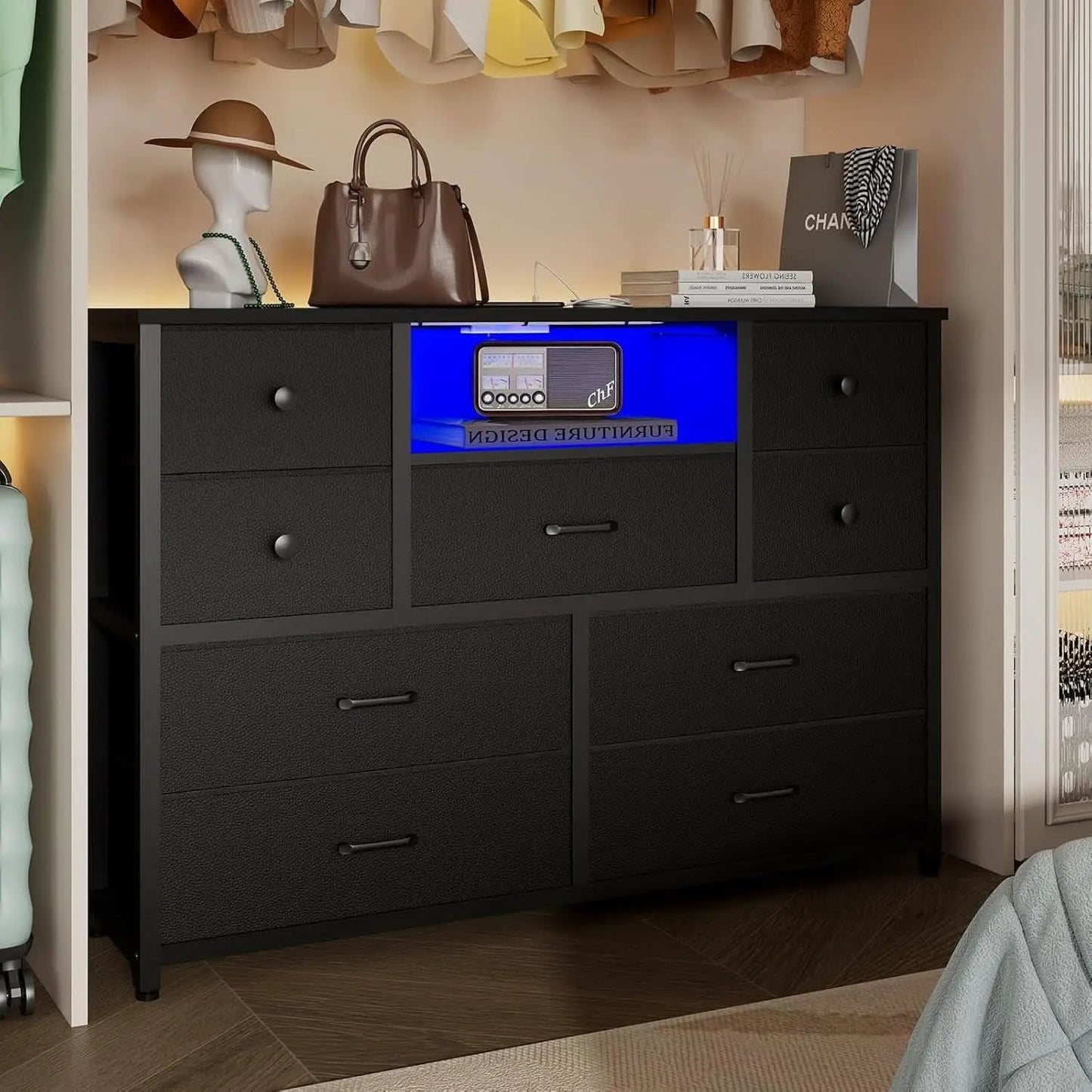 Charcoal Nine Drawer Wardrobe TV Stand With LED Lighting from PriceLows™