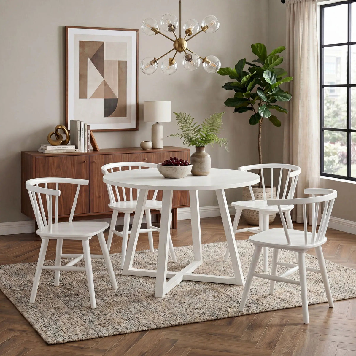 Edo Trestle Dining Table Set | 5-Piece | 4 White Windsor Chairs | Melamine Tabletop