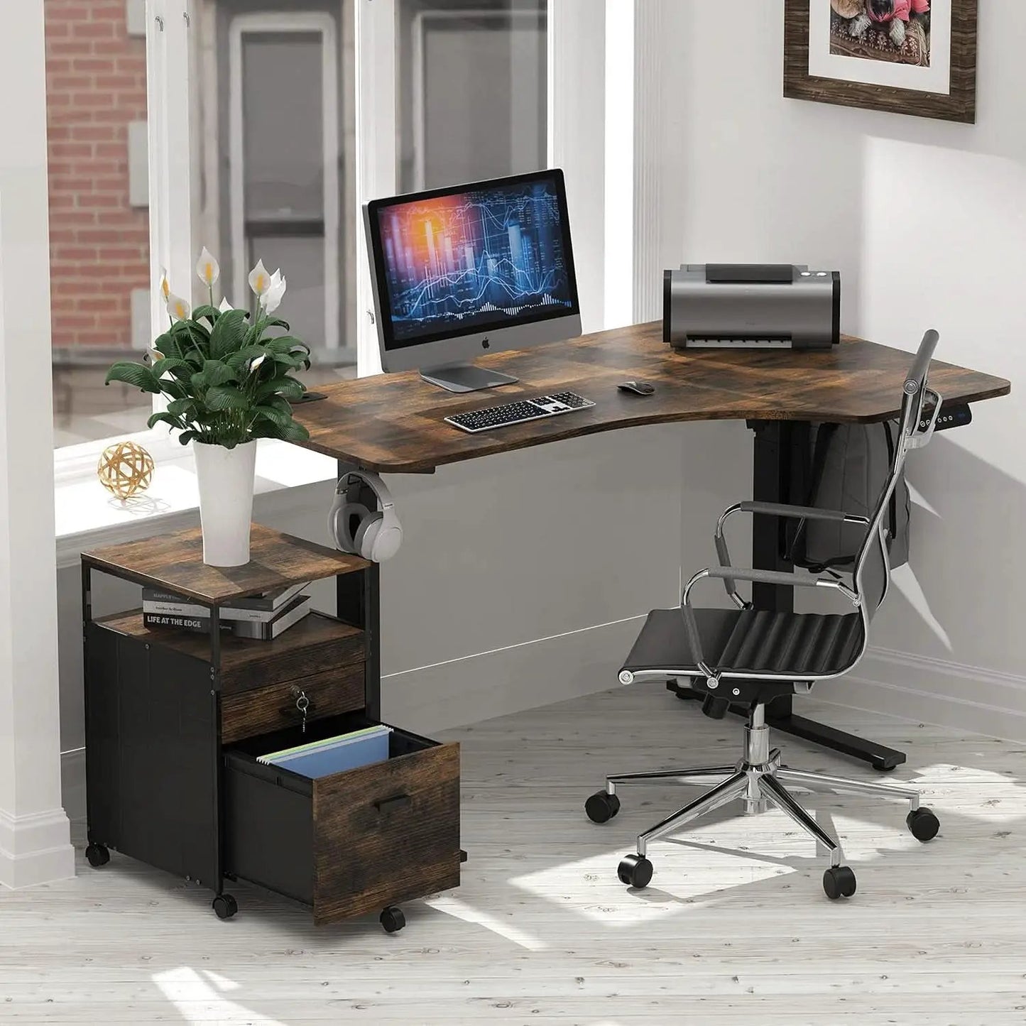 Rolling Mobile File Cabinet Drawers Open Shelf Rustic Brown from PriceLows™
