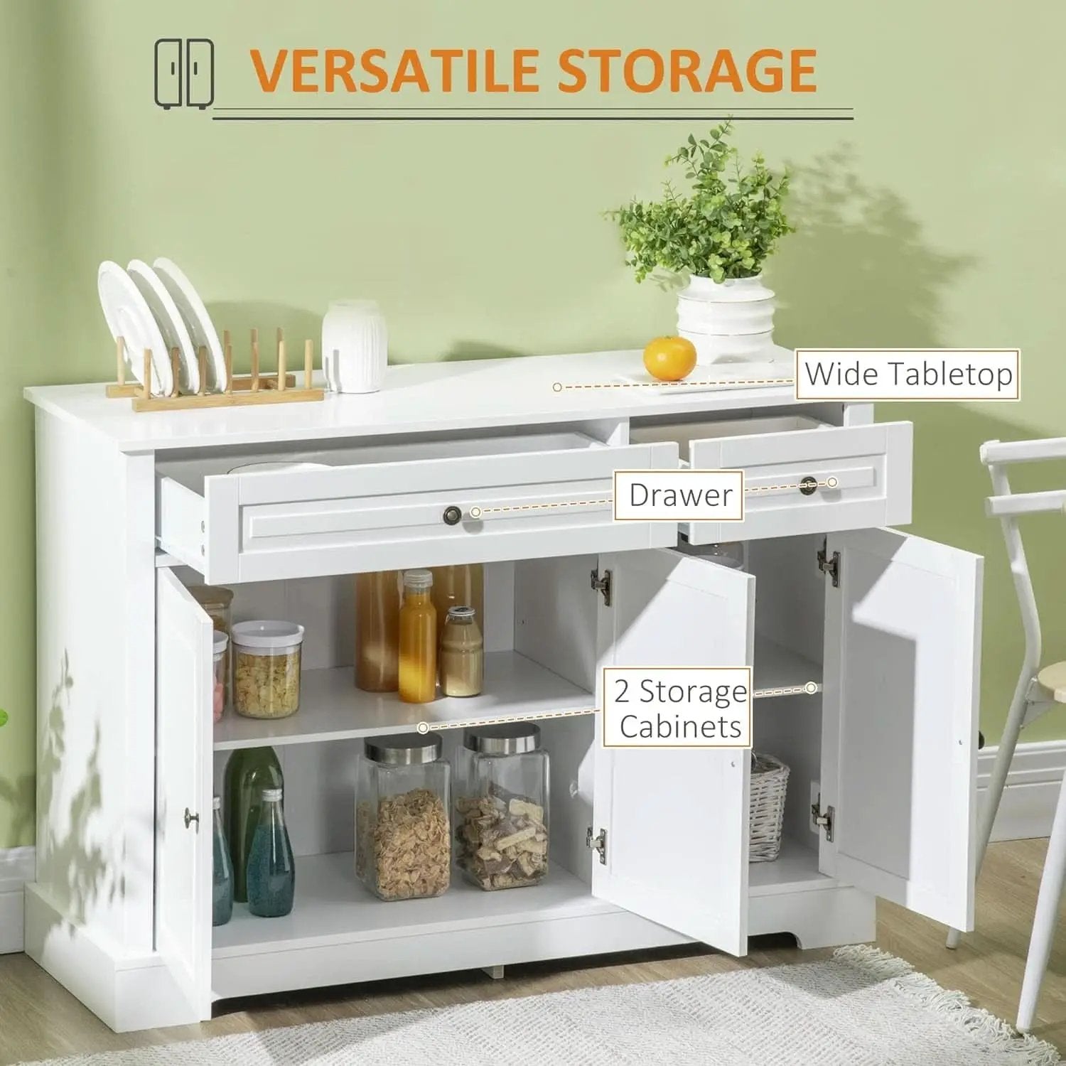 White Sideboard Buffet Cabinet With 2 Drawers And Shelves from PriceLows™