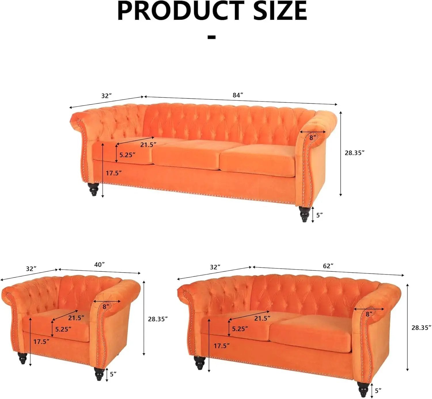 3 Piece Orange Velvet Living Room Sofa Set Includes Loveseat And Club Chair Durable Upholstery from PriceLows™