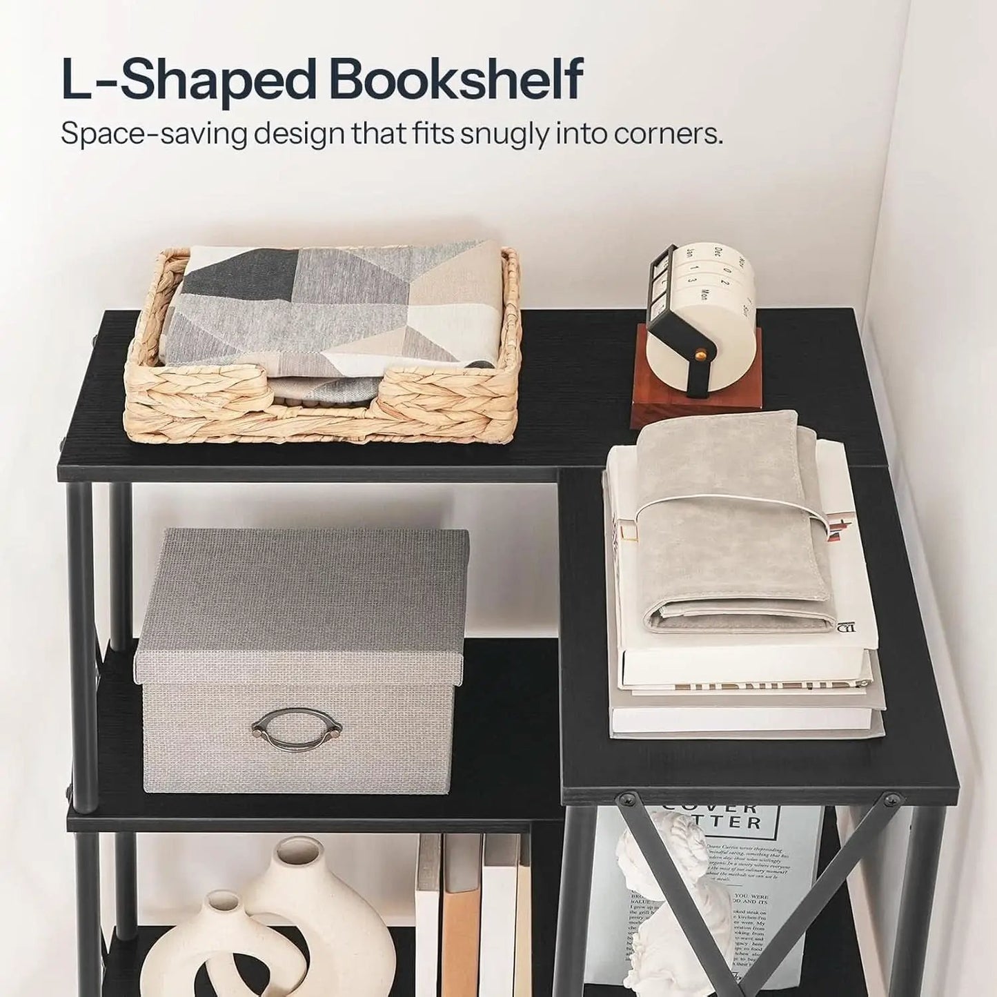 Corner Bookshelf 5 Tier L Shaped Industrial Open Display Shelf Black from PriceLows™