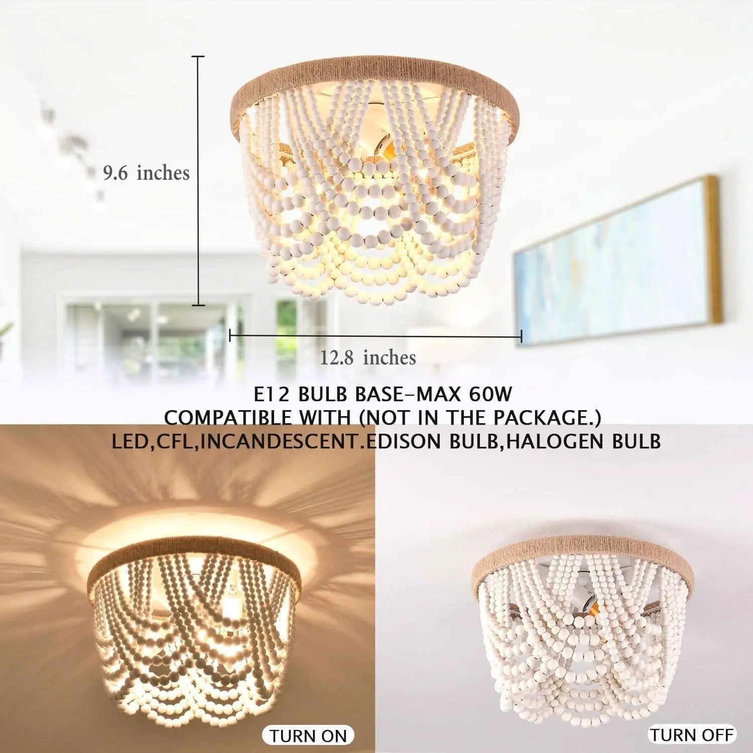 Wood Beaded 3 Light Flush Mount Chandelier White Boho Dining Room from PriceLows™