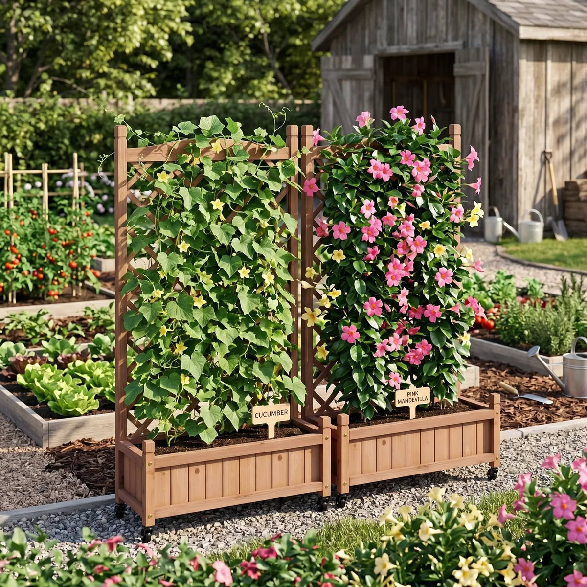 Raised Garden Bed With Trellis 2 Pack, Outdoor Planter Box & Plant Stand With | 25 x 11 x 42.3 in | Solid Wood | Brown