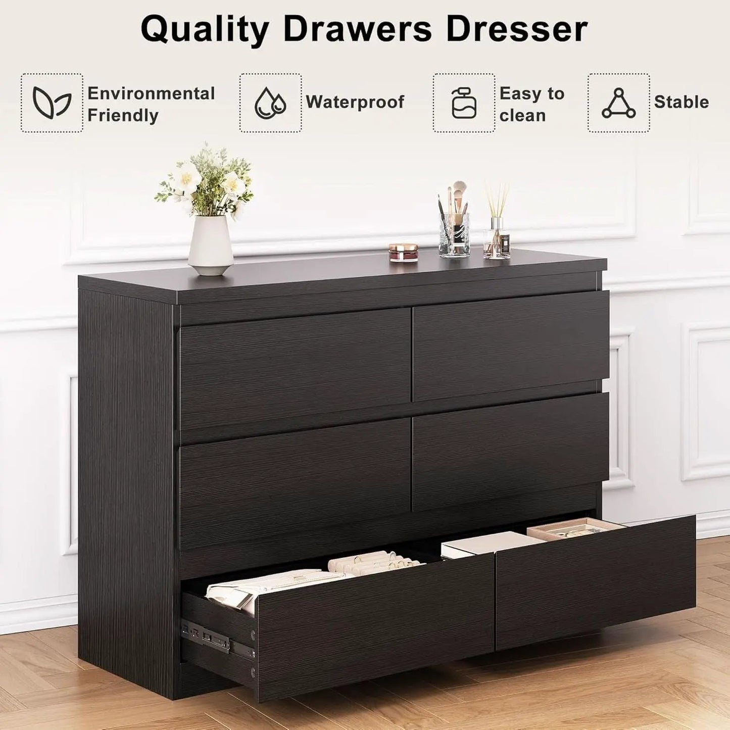 Black Six Drawers Solid Wood Dresser Sturdy Construction from PriceLows™