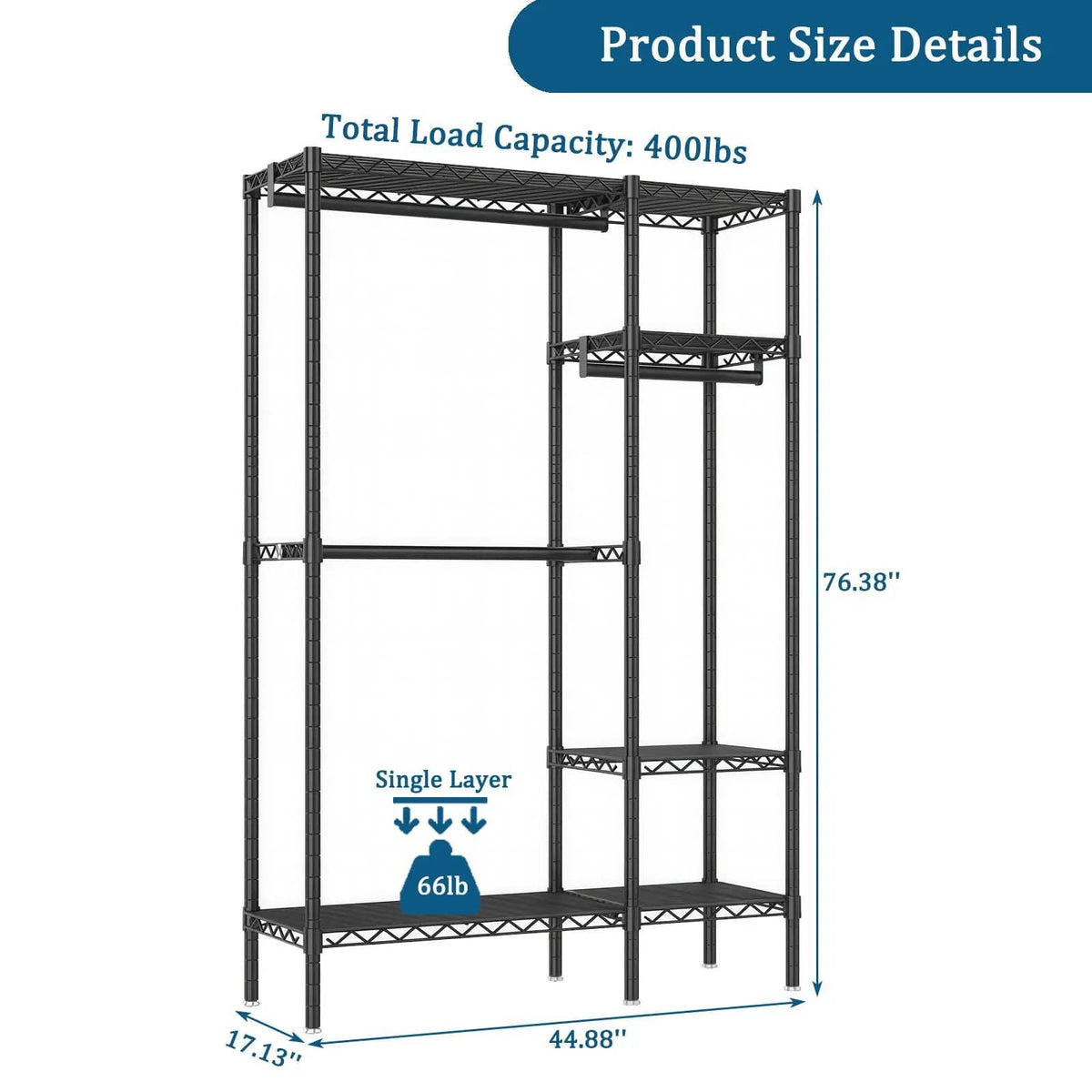 Freestanding Clothes Rack, With 6 Adjustable Wire Shelves And 3 Garment Rails | Freestanding Organizer | Steel | Black