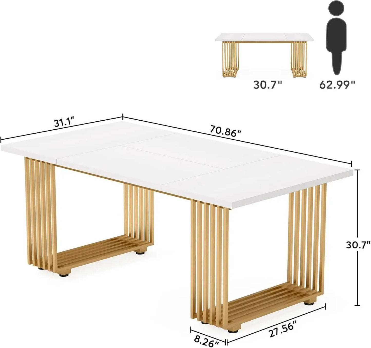 White Gold Wood Dining Table 70 Inch Rectangular For Dining Room from PriceLows™