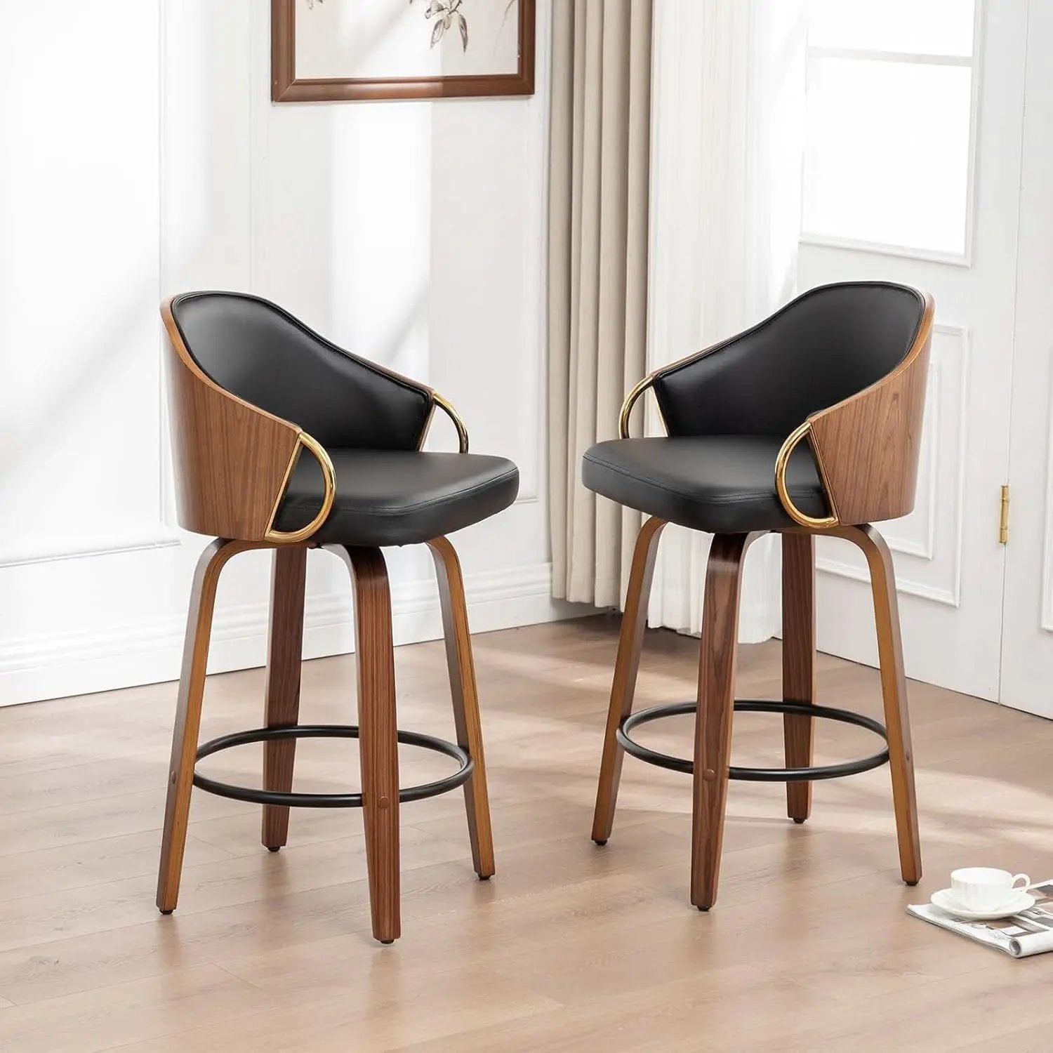 26 Inch Swivel Barstools Set of Two Black Leather from PriceLows™