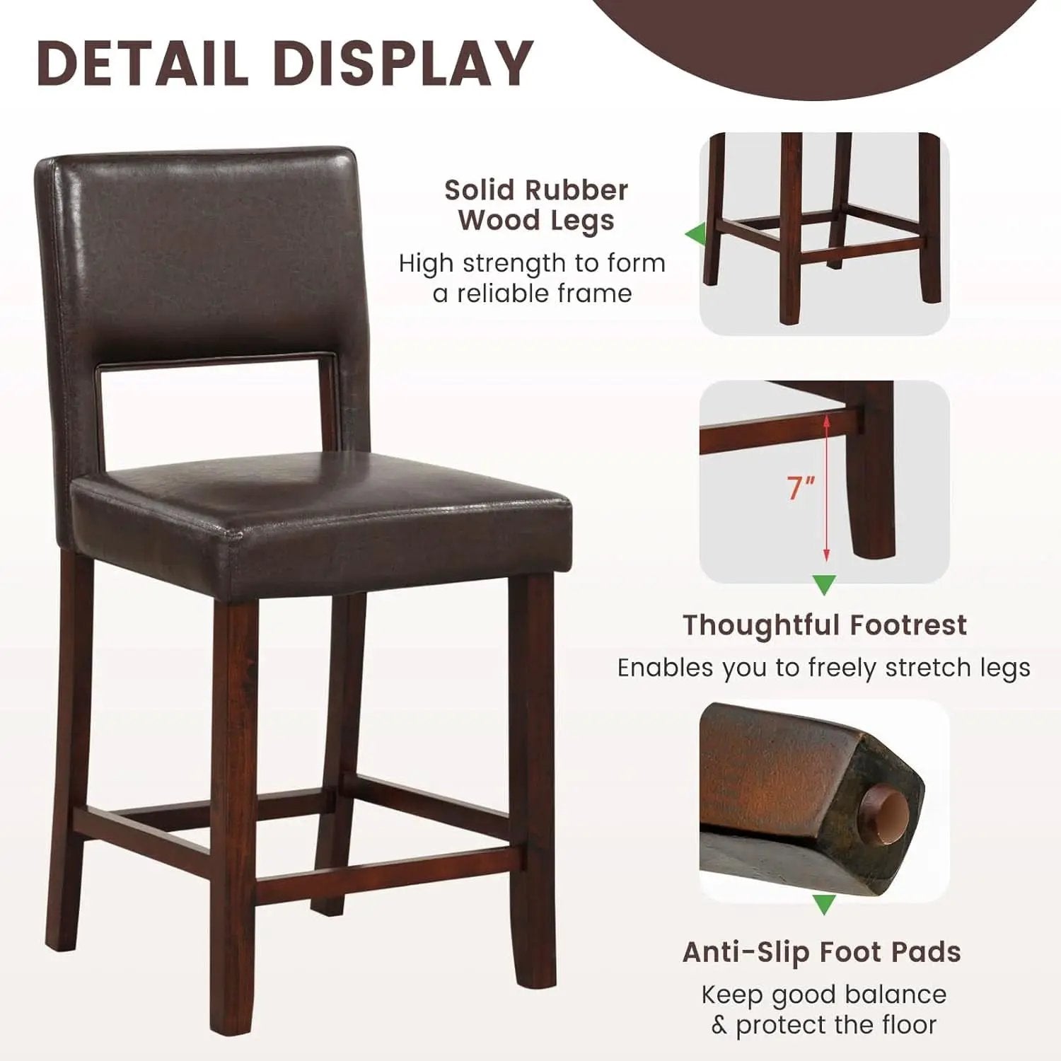 Counter Height Bar Stools Set Of Two, Twenty Four Point Five Inch, Brown Upholstered PVC Leather from PriceLows™