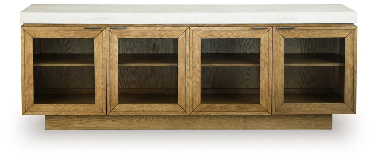 Adanworth Accent Cabinet | 80.13 x 17.13 x 30.13 in | Oak Veneer & Glass | Light Brown / Gray