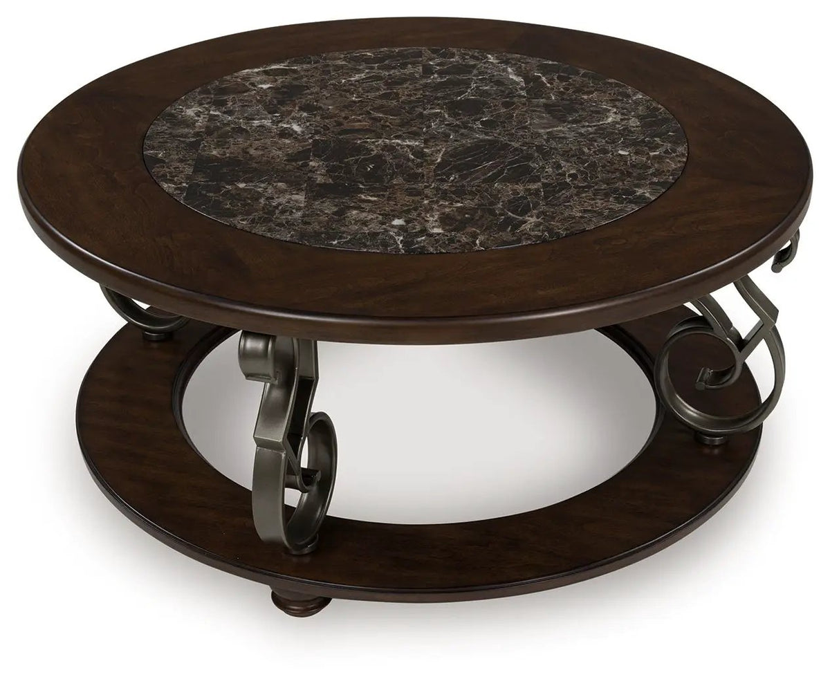 Frallyn Round Cocktail Table | Dark Brown | Faux Marble Laminate Top | 42 Inch Diameter