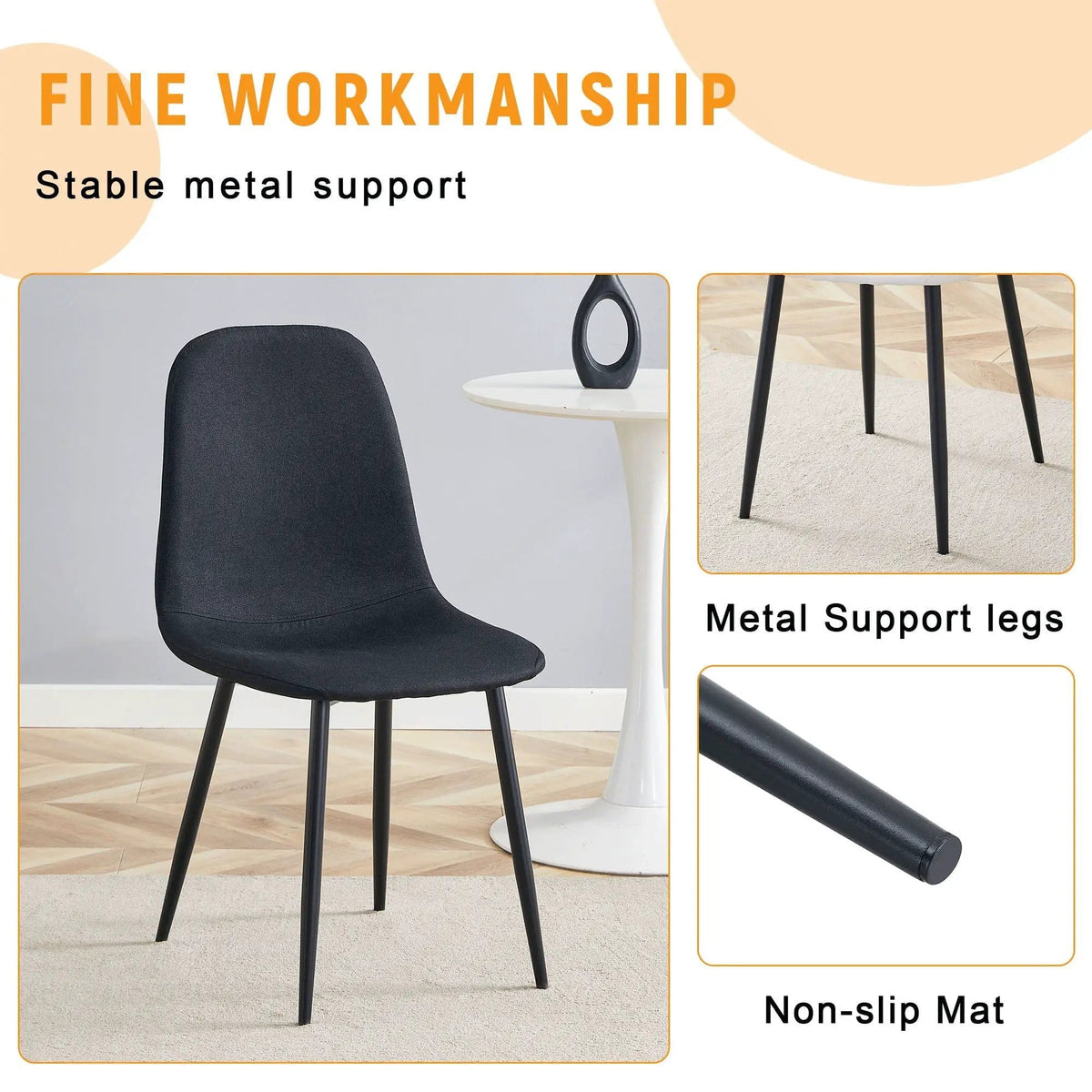 Modern Medieval Style Cushioned Side Chairs Set With Metal Legs For Kitchens | 2 Pieces | Fabric & Metal | Dining Room