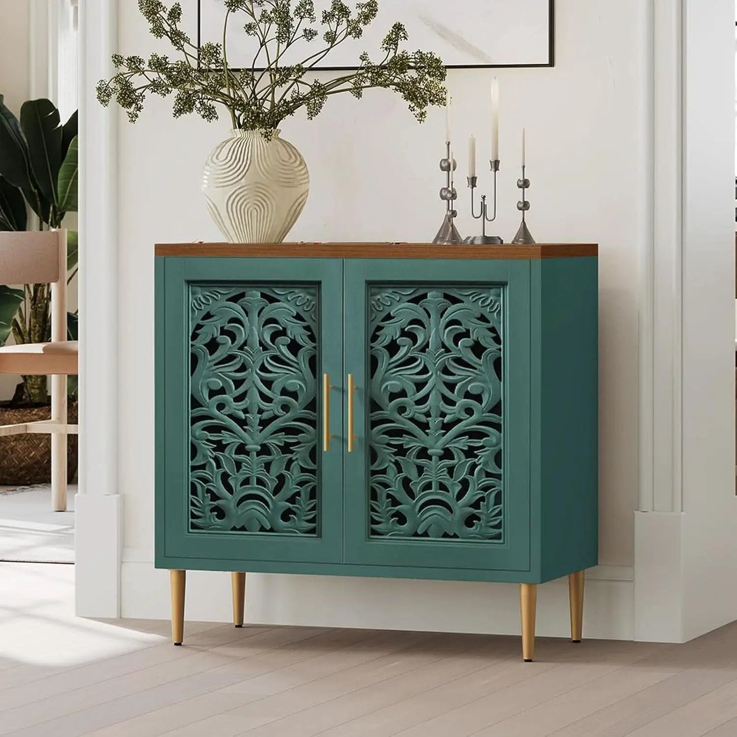 Green Accent Cabinet Carved Storage Vintage Furniture from PriceLows™