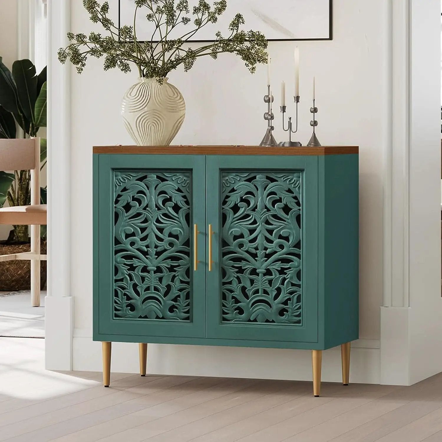 Green Accent Cabinet Carved Storage Vintage Furniture from PriceLows™