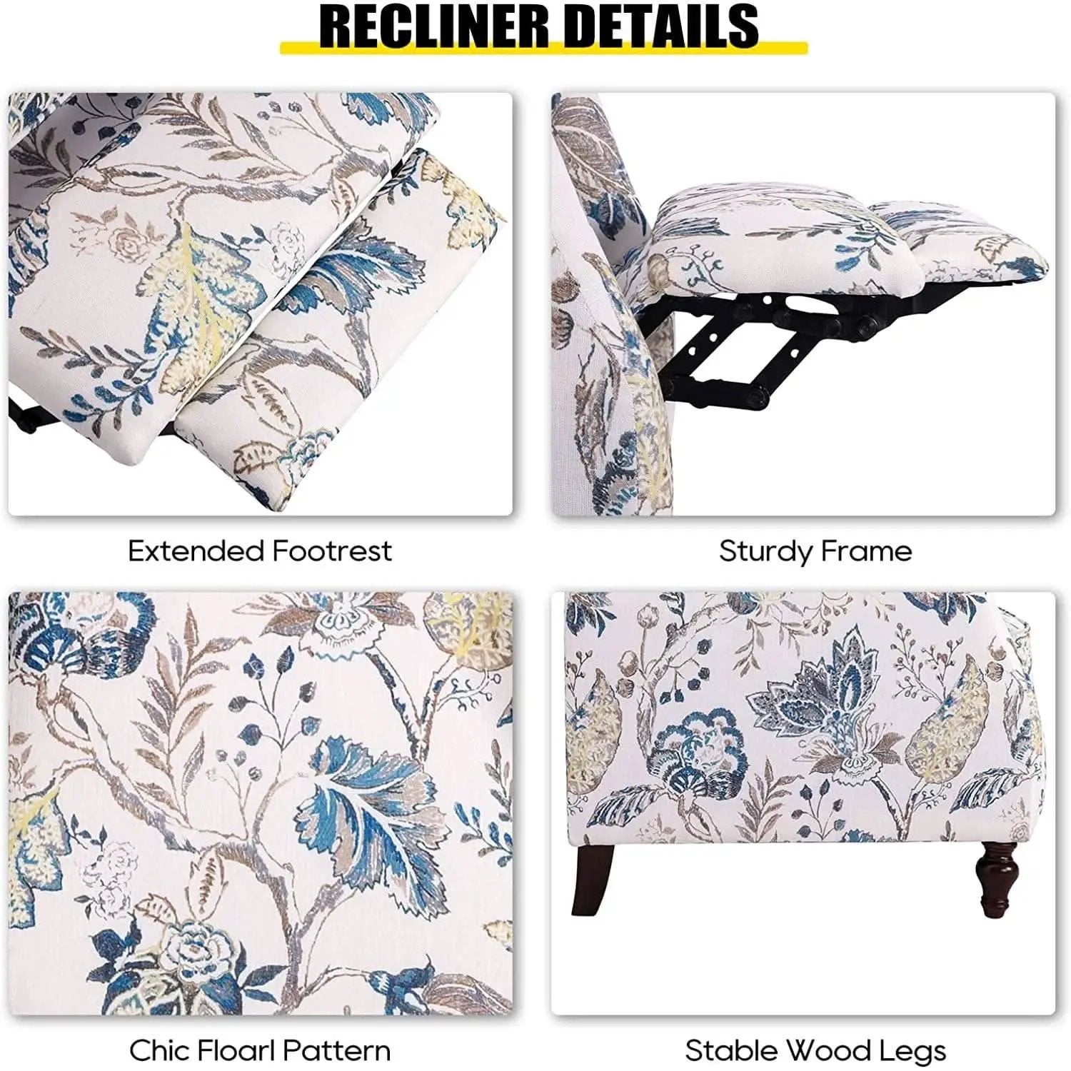 Upholstered Wingback Recliner Chair Blue Floral Elegant from PriceLows™