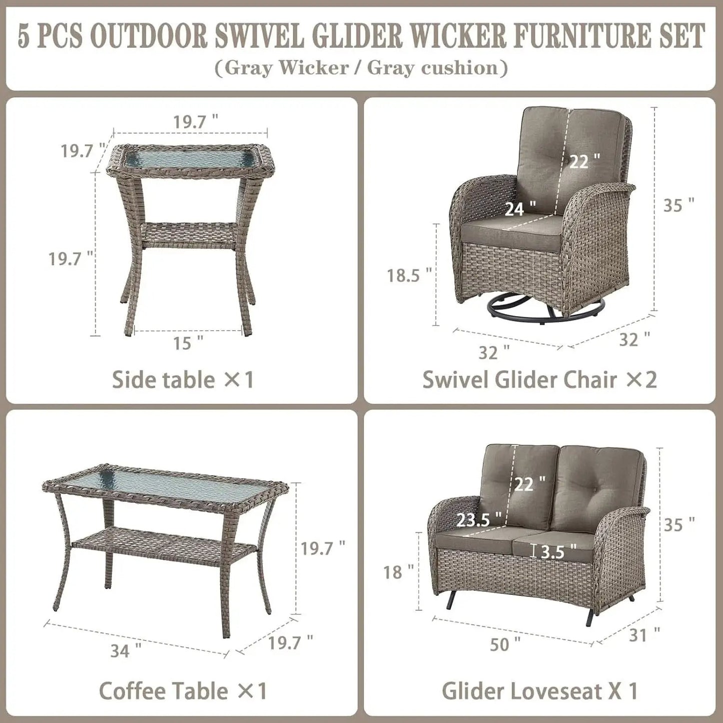 5 Piece Outdoor Patio Set Gray Wicker Swivel Rockers from PriceLows™
