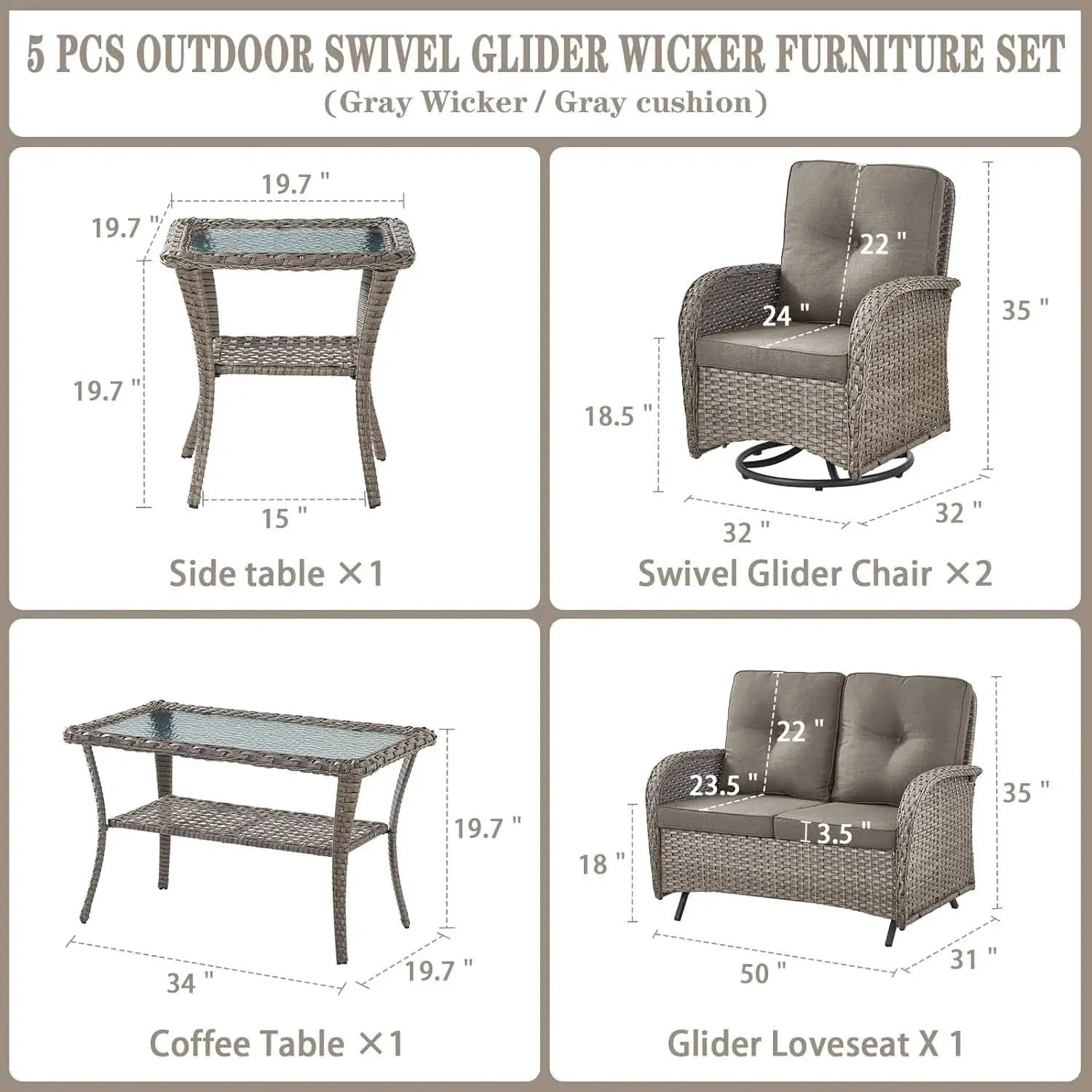 5 Piece Outdoor Patio Set Gray Wicker Swivel Rockers from PriceLows™