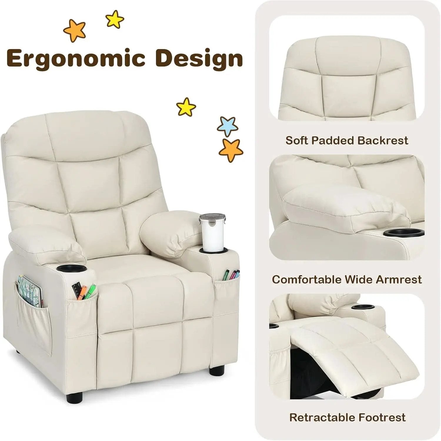 Kids Recliner Chair With Cup Holder And Footrest Beige from PriceLows™