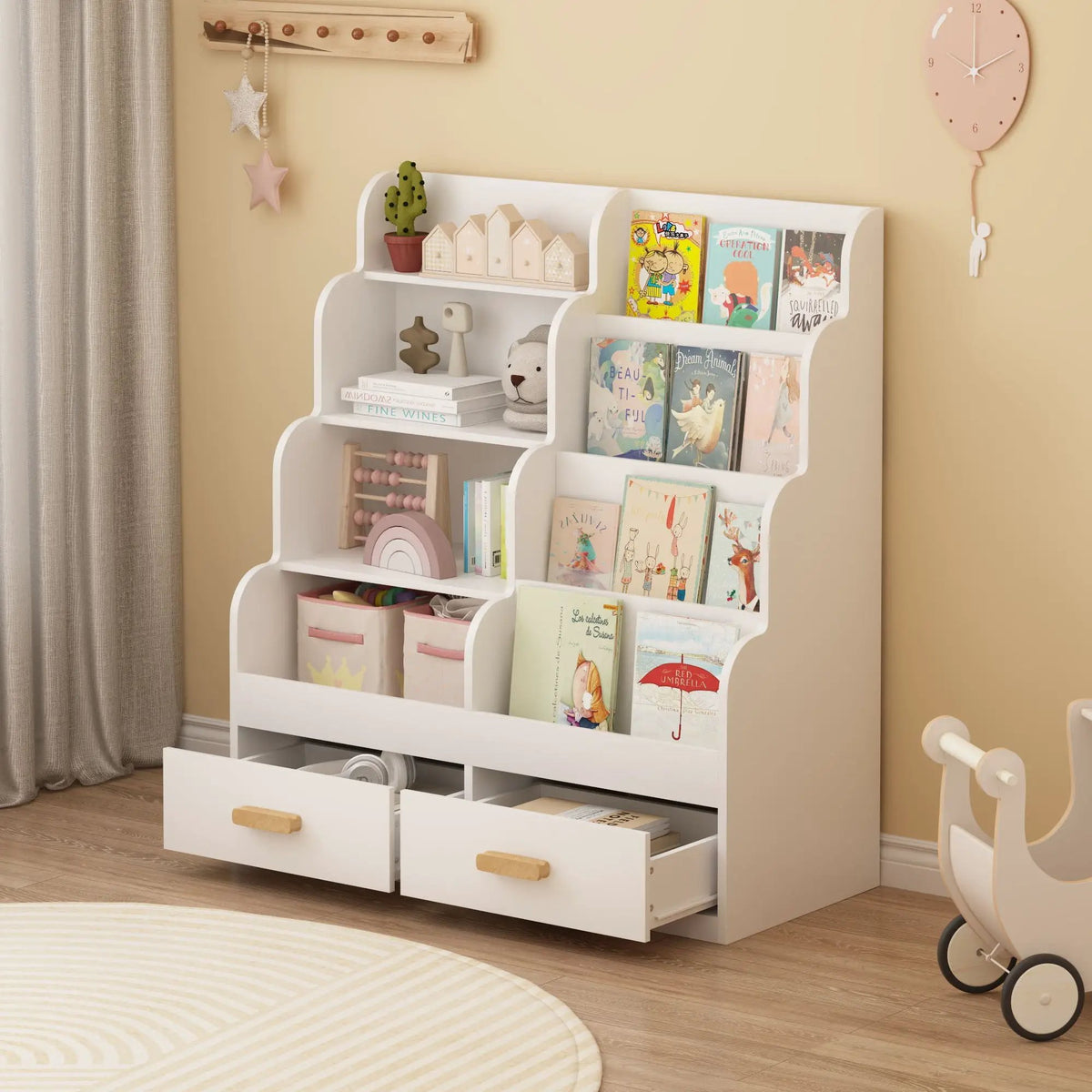 Front Facing Bookshelf | 2 Storage Drawers | Multi Tier Design | White