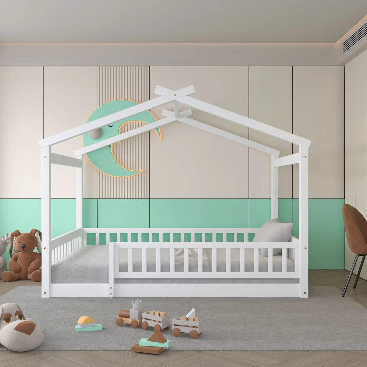 Kids Bed Frame | Playhouse Design | Roof And Fence | Toddler Size