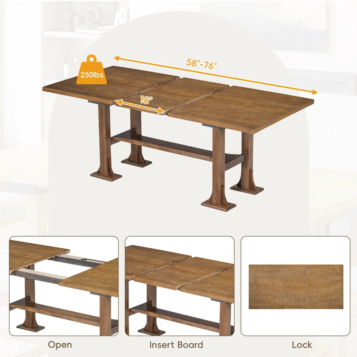 Farmhouse Dining Table Set | Solid Wood | Removable Leaf | 6 Piece