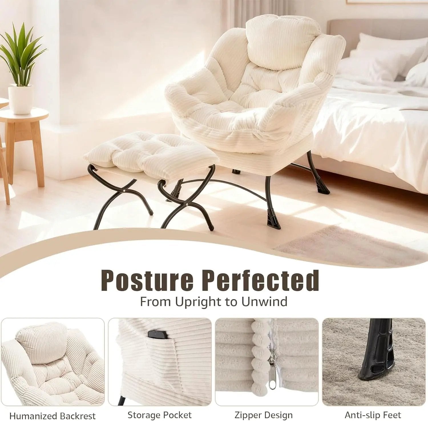 Large Corduroy White Armchair With Ottoman Footrest from PriceLows™