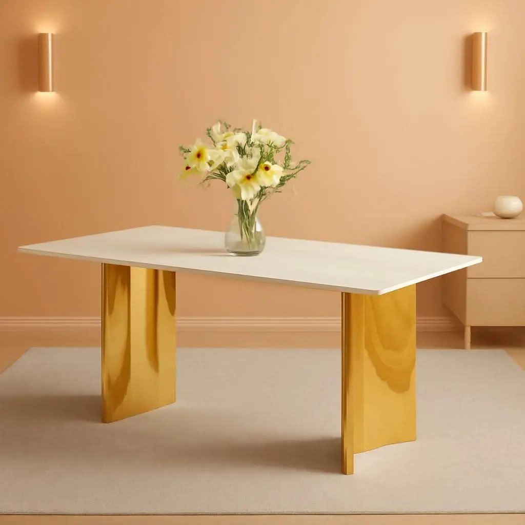 White Marble Dining Table 71 Inch Glass Top Gold Base from PriceLows™