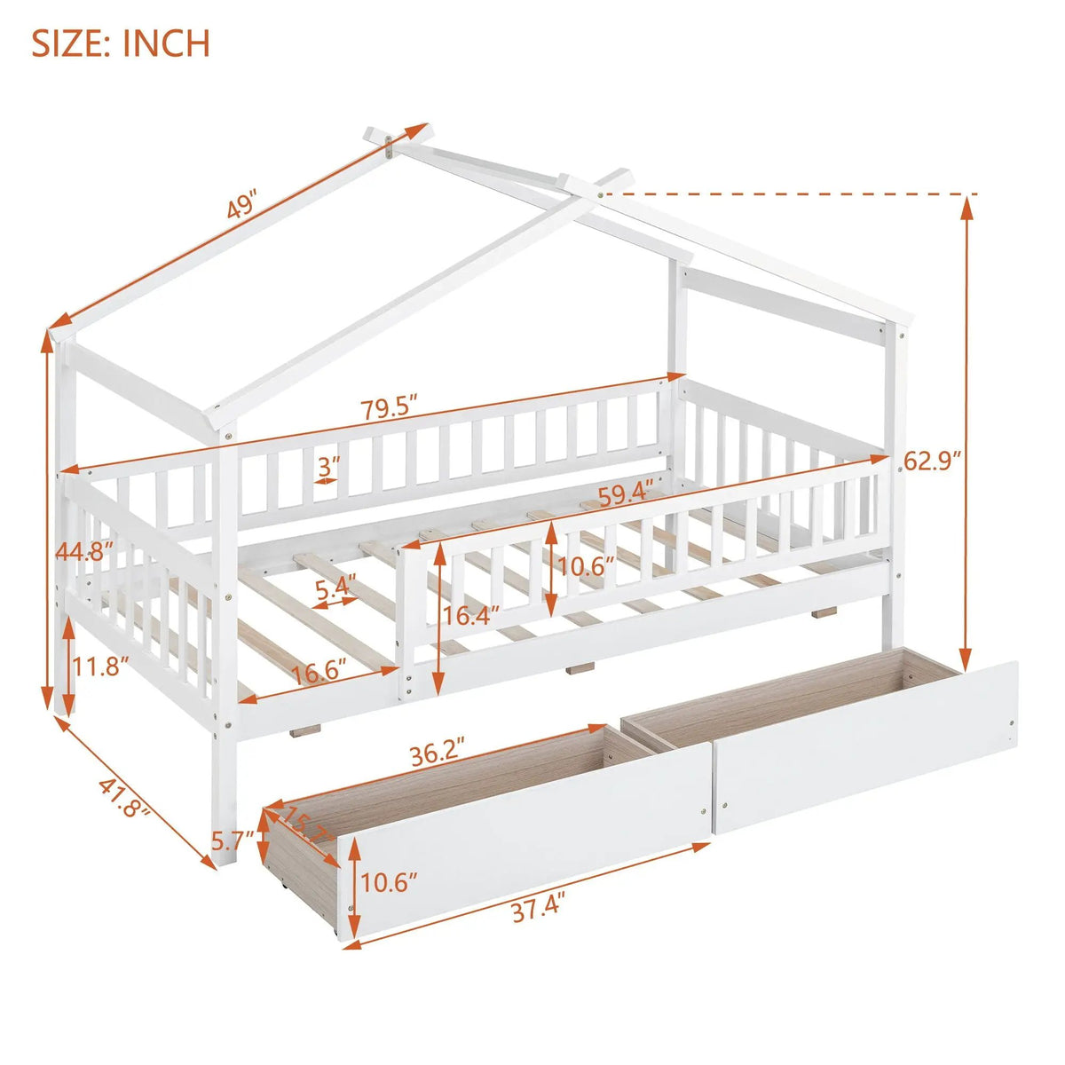 Kids House Bed With 2 Drawers | Sky Roof Design | Classic House Shape | 62.9 Inch Height