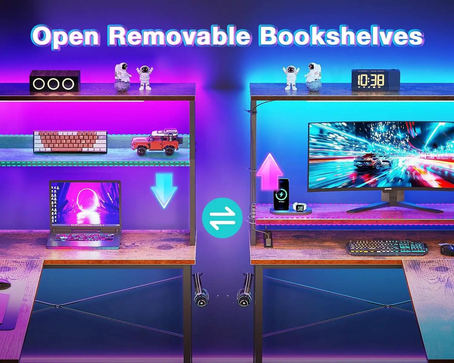 53 Inch L Shaped Desk With LED Lights And Power Outlet from PriceLows™