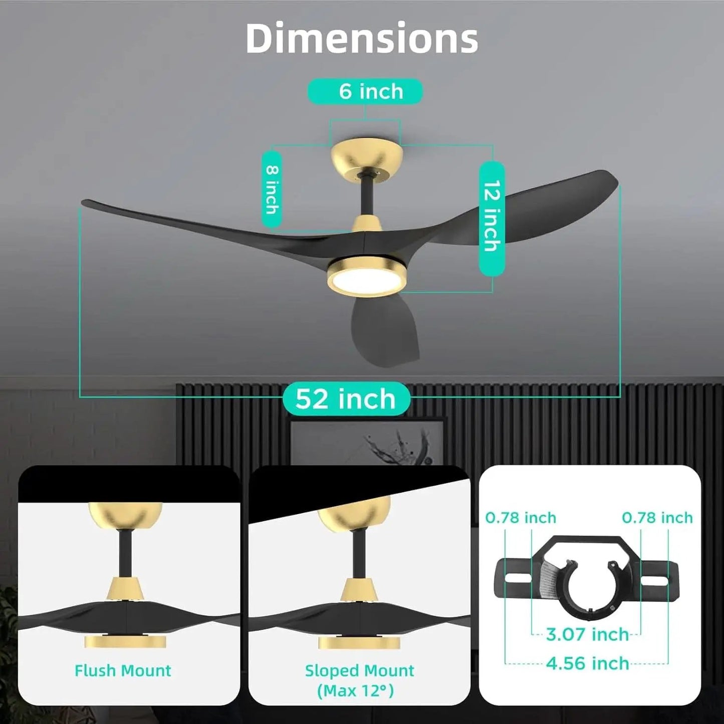 52 Inch Black Gold Indoor Ceiling Fan With LED Light from PriceLows™