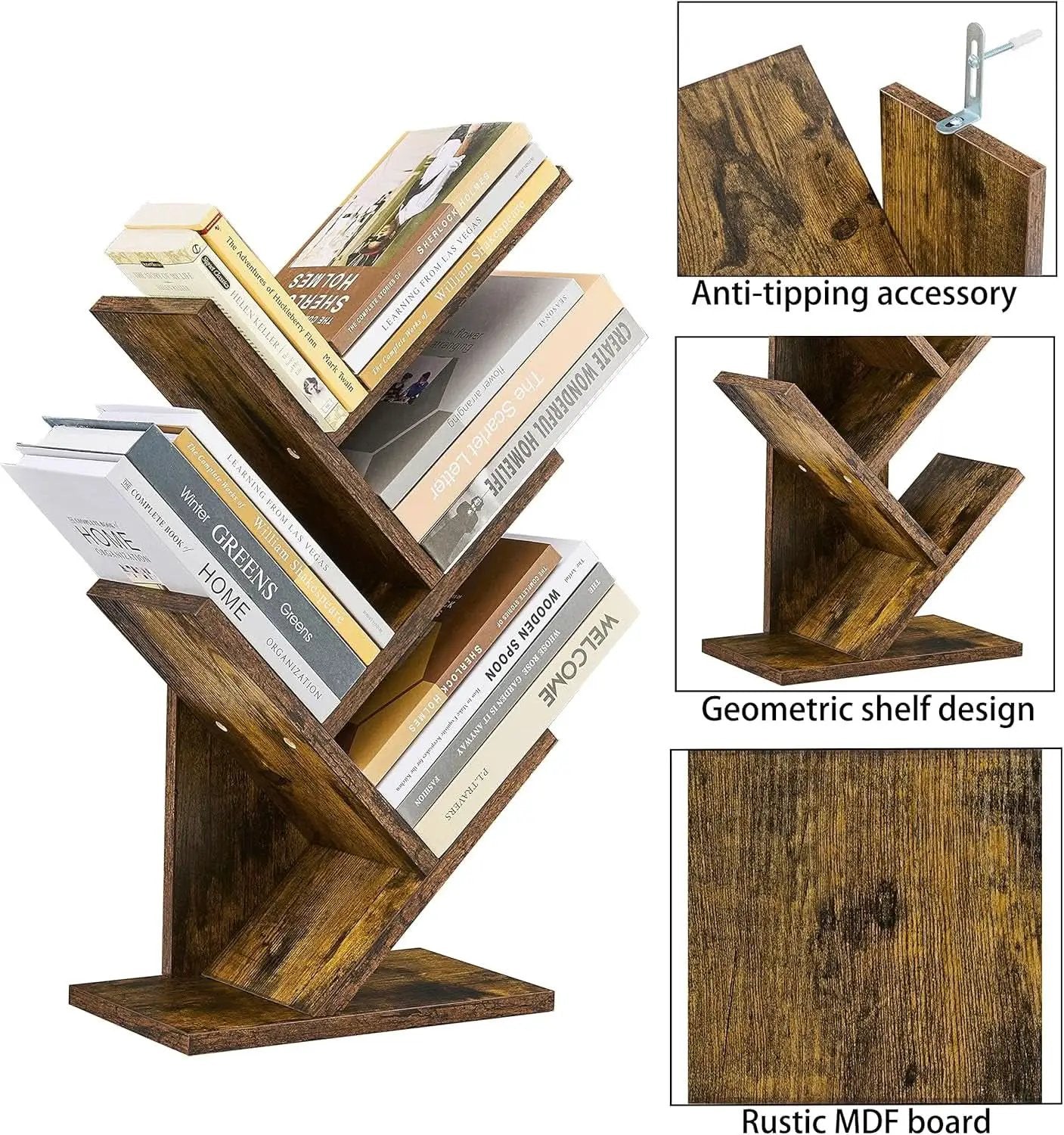 Rustic Brown 4 Tier Tree Bookshelf Free Standing Living Room from PriceLows™